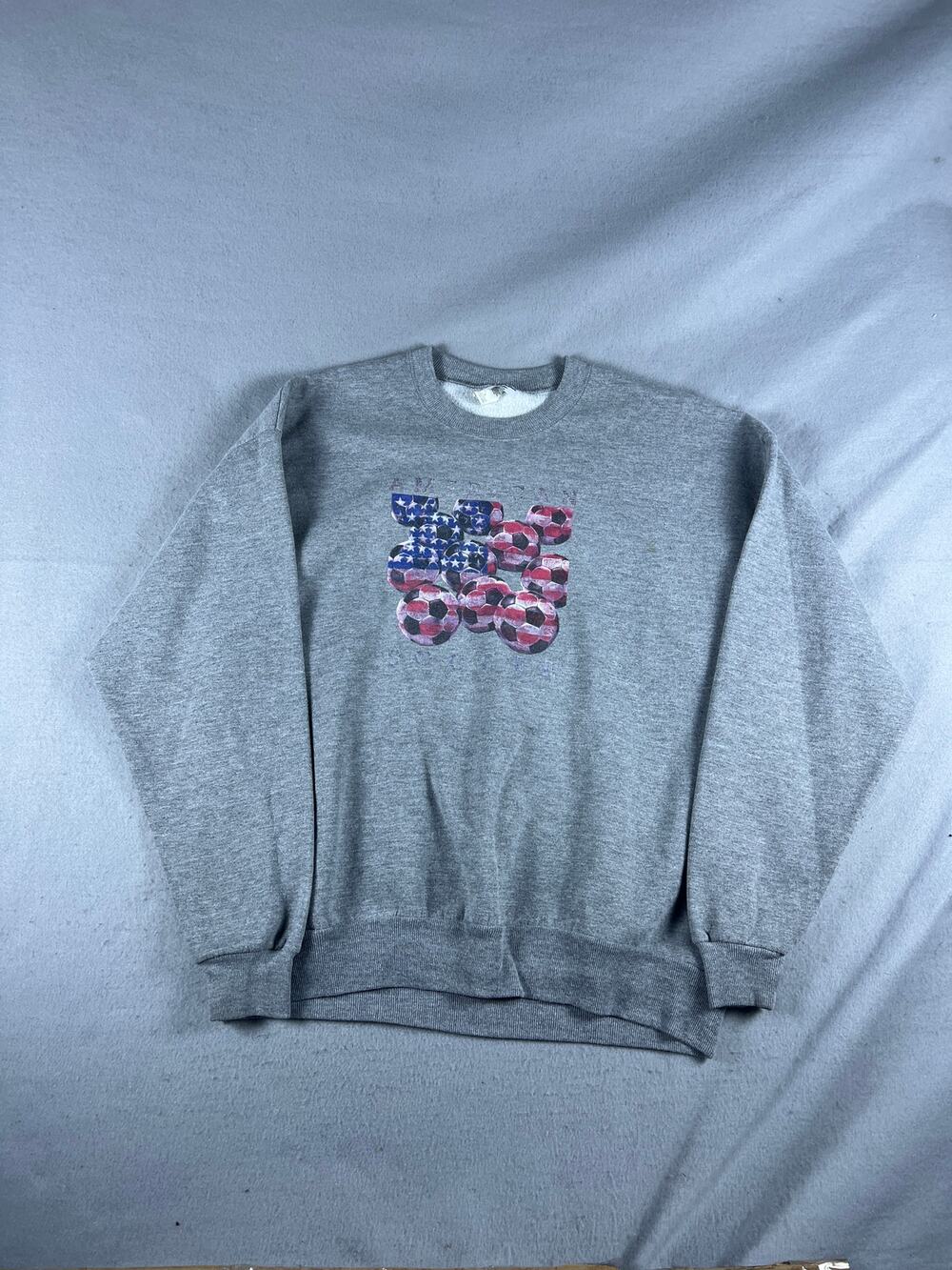 Vintage Soccer Sweatshirt Mens XL Gray Jerzees Fleece USA Flag Star Stripes 90s